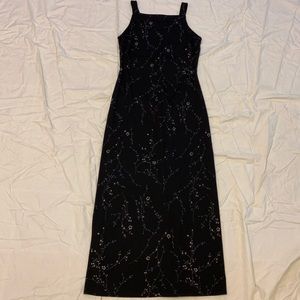 Long black w/ blue and white floral design dress
